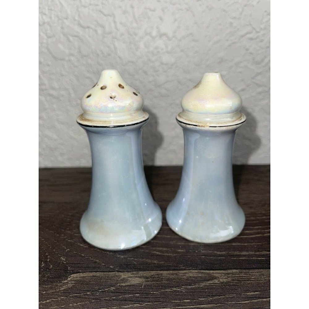 𝅺ANTIQUE Salt & Pepper Shakers Bone China Baby Blue Opalescent